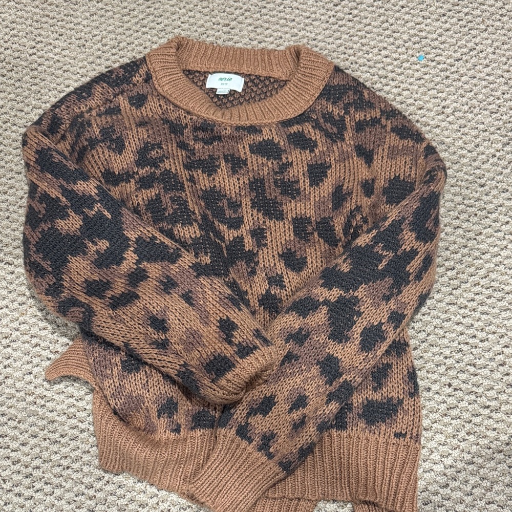 aerie Brown and Black Leopard Crewneck Sweater